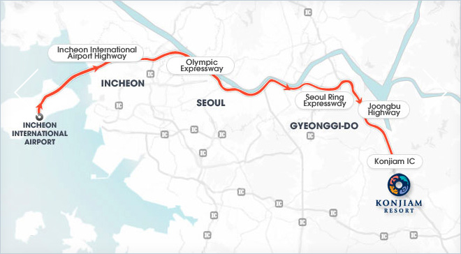 incheon international airport - incheon international airport highway - olympic expressway - seoul ring expressway - joongbu highway - konjiam ic - konjiam resort